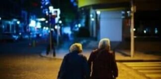 Two elderly people walk hand in hand on a dimly lit street at night, with one carrying a plastic bag, savoring these tender moments as though they were your last days.