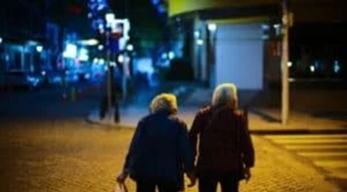 Two elderly people walk hand in hand on a dimly lit street at night, with one carrying a plastic bag, savoring these tender moments as though they were your last days.