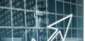 A person is looking at a large graph with an upward arrow overlay on a background of stock market numbers. Human Nature