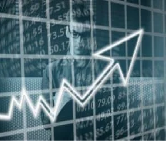 A person is looking at a large graph with an upward arrow overlay on a background of stock market numbers. Human Nature