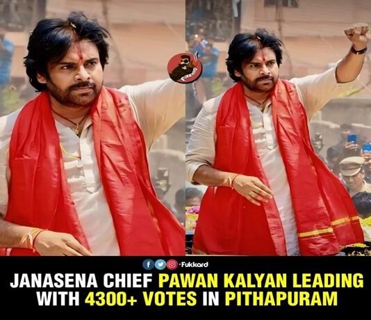 Pawan Kalyan, in a red outfit, is seen leading a gathering. Text reads: "Janasena Chief Pawan Kalyan leading with 4300+ votes in Pithapuram.