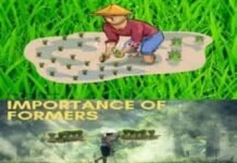 Illustration of a farmer planting seedlings above a photo of a farmer carrying plants. Text reads IMPORTANCE OF "FARMERS"