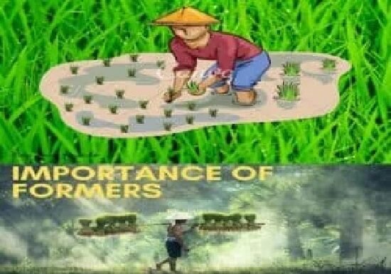 Illustration of a farmer planting seedlings above a photo of a farmer carrying plants. Text reads IMPORTANCE OF "FARMERS"