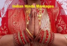 A person in traditional Indian attire with hands in a Namaste gesture, wearing ornate red bangles and a sari. The text reads, "Indian Hindu Marriages" and "Think Must.