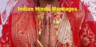 A person in traditional Indian attire with hands in a Namaste gesture, wearing ornate red bangles and a sari. The text reads, "Indian Hindu Marriages" and "Think Must.