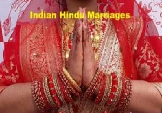 A person in traditional Indian attire with hands in a Namaste gesture, wearing ornate red bangles and a sari. The text reads, "Indian Hindu Marriages" and "Think Must.