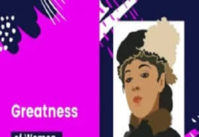 Illustrated portrait of a woman in a hat on the right, with the text "Women's Greatness" and "Think Must" on a pink and black abstract background on the left.