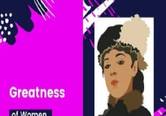 Illustrated portrait of a woman in a hat on the right, with the text "Women's Greatness" and "Think Must" on a pink and black abstract background on the left.