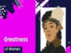 Illustrated portrait of a woman in a hat on the right, with the text "Women's Greatness" and "Think Must" on a pink and black abstract background on the left.