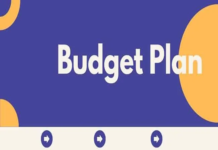 A vibrant image features "Budget Plan" prominently displayed on a blue background adorned with eye-catching orange circles. Below it, a beige section elegantly showcases three dynamic blue arrows, symbolizing direction and purpose.