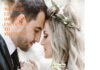 A bride and groom gently lean their heads together, eyes closed. The image has text about married life