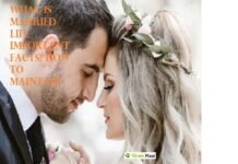 A bride and groom gently lean their heads together, eyes closed. The image has text about married life