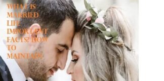 A bride and groom gently lean their heads together, eyes closed. The image has text about married life