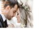 A bride and groom gently lean their heads together, eyes closed. The image has text about married life