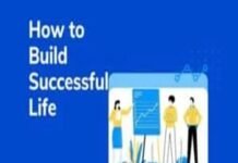 Illustration showing three people discussing a chart, with text "How to Build Successful Life" on a blue background.