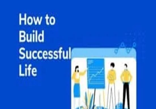 Illustration showing three people discussing a chart, with text "How to Build Successful Life" on a blue background.