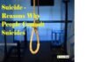 A rope noose hangs in focus against a blurred background. Text over the image reads, "Suicide - Reasons Why People Commit Suicides.