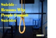 A rope noose hangs in focus against a blurred background. Text over the image reads, "Suicide - Reasons Why People Commit Suicides.