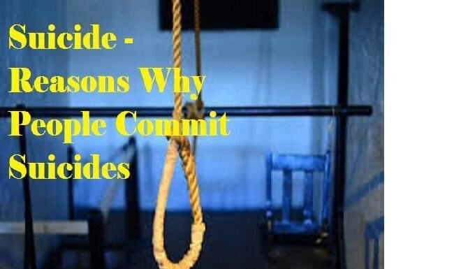 A rope noose hangs in focus against a blurred background. Text over the image reads, "Suicide - Reasons Why People Commit Suicides.