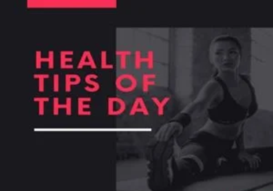 Person stretching on a yoga mat indoors with the text "Health Tips of the Day" in bold red letters.