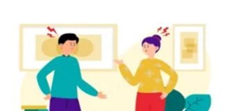 Illustration of two people standing in a room, appearing to argue about life. One has purple hair and gestures with one hand, while the other, in shorts, energetically uses both hands. It's a scene rich with emotion, subtly highlighting the importance of humility in heated moments.