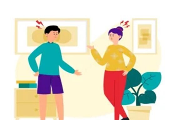 Illustration of two people standing in a room, appearing to argue about life. One has purple hair and gestures with one hand, while the other, in shorts, energetically uses both hands. It's a scene rich with emotion, subtly highlighting the importance of humility in heated moments.