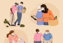 Illustration of people fostering a joyful life by assisting elderly individuals with groceries, walking aids, and sharing food, all while wearing masks.