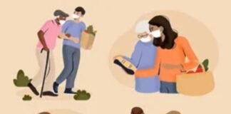 Illustration of people fostering a joyful life by assisting elderly individuals with groceries, walking aids, and sharing food, all while wearing masks.