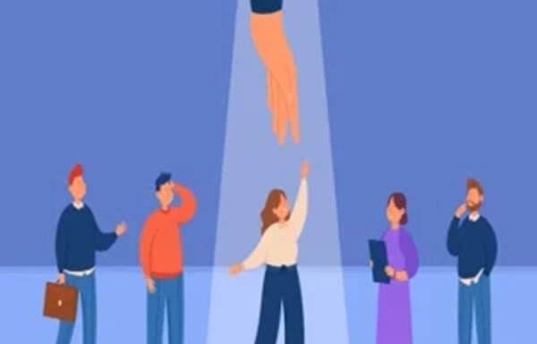 Illustration of a large hand pointing at a talented woman standing in a spotlight, surrounded by four people offering help. Talent and help