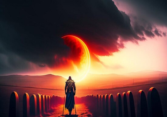 A man harnessing the power of God, walks down a path beside a mesmerizing eclipse.