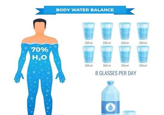 A man in a blue swimsuit showcasing the Power of Water with bottles of water.