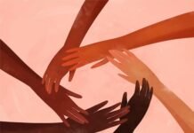 A group of hands forming a circle, symbolizing unity and connection, on a pink background. Saying life and injustice
