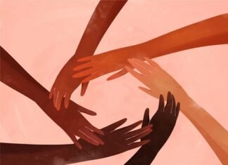 A group of hands forming a circle, symbolizing unity and connection, on a pink background. Saying life and injustice