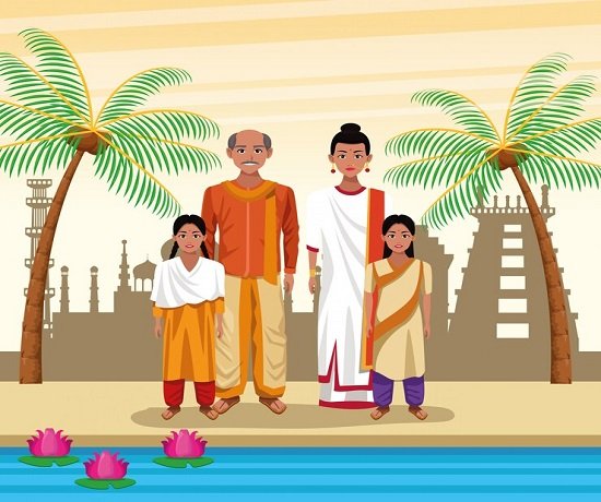 A family of Indians enjoying a peaceful moment by the water during their temple visit.