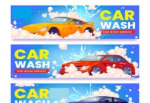 Three colorful banners advertising a car wash franchise. Each banner features a different car (yellow, red, and black) covered in soap suds and water, with text reading "Car Wash" and "Car Wash Service.