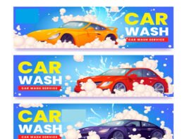 Three colorful banners advertising a car wash franchise. Each banner features a different car (yellow, red, and black) covered in soap suds and water, with text reading "Car Wash" and "Car Wash Service.