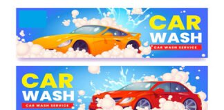 Three colorful banners advertising a car wash franchise. Each banner features a different car (yellow, red, and black) covered in soap suds and water, with text reading "Car Wash" and "Car Wash Service.