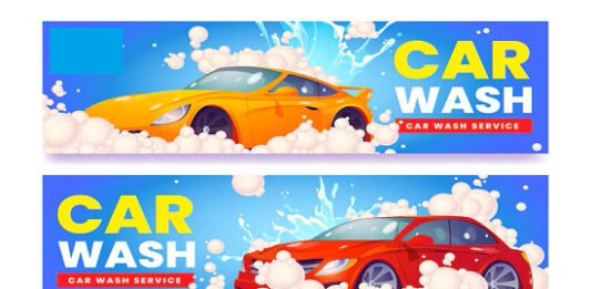 Three colorful banners advertising a car wash franchise. Each banner features a different car (yellow, red, and black) covered in soap suds and water, with text reading "Car Wash" and "Car Wash Service.