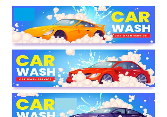 Three colorful banners advertising a car wash franchise. Each banner features a different car (yellow, red, and black) covered in soap suds and water, with text reading "Car Wash" and "Car Wash Service.