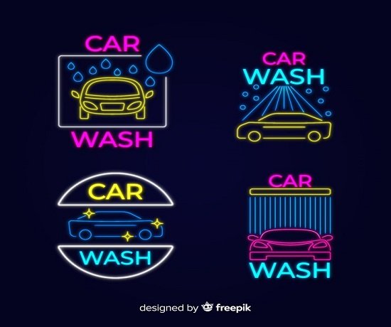Neon signs featuring different car wash designs, including a car under droplets, jet sprays, with sparkles, and under water curtains, on a dark background. Text reads "CAR WASH." Perfect branding visuals for your Car Wash Franchise Idea.