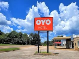 A red sign with "OYO Hotel" stands in front of a parking lot, with trees and a blue sky with clouds in the background.