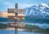 A wooden sign with "Mind," "Body," "Connection" stands gracefully against a serene lake and mountain backdrop, capturing the essence of natural health.