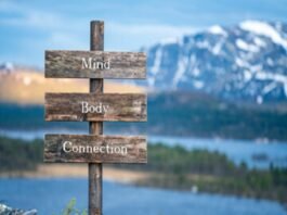 A wooden sign with "Mind," "Body," "Connection" stands gracefully against a serene lake and mountain backdrop, capturing the essence of natural health.