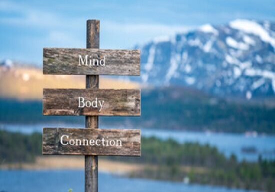 A wooden sign with "Mind," "Body," "Connection" stands gracefully against a serene lake and mountain backdrop, capturing the essence of natural health.