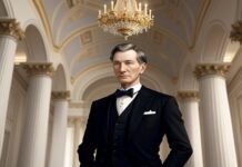 A man in a formal suit stands in an opulent hall with a chandelier and tall white columns, exuding both wealth and power reminiscent of John D. Rockefeller era.