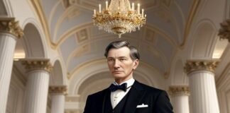 A man in a formal suit stands in an opulent hall with a chandelier and tall white columns, exuding both wealth and power reminiscent of John D. Rockefeller era.