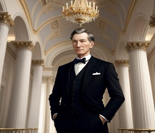 A man in a formal suit stands in an opulent hall with a chandelier and tall white columns, exuding both wealth and power reminiscent of John D. Rockefeller era.