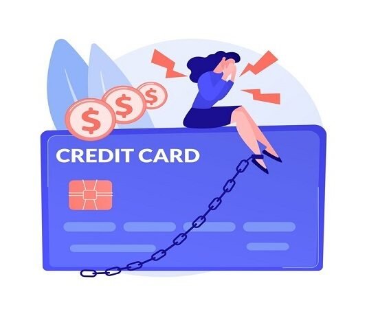 Illustration of a person sitting on a large credit card, holding their head in distress. Chains are attached to the card, with dollar symbols floating around, highlighting the weight of credit card crisis and financial stress.