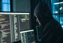 A person in a hoodie works on multiple computer screens displaying code in a dimly lit room, dark web hinting at illegal activity.