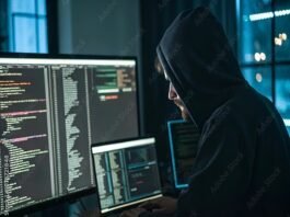 A person in a hoodie works on multiple computer screens displaying code in a dimly lit room, dark web hinting at illegal activity.